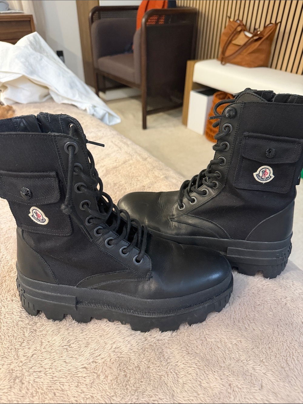 Moncler Black Leather & Canvas Combat Boots with Logo Patch